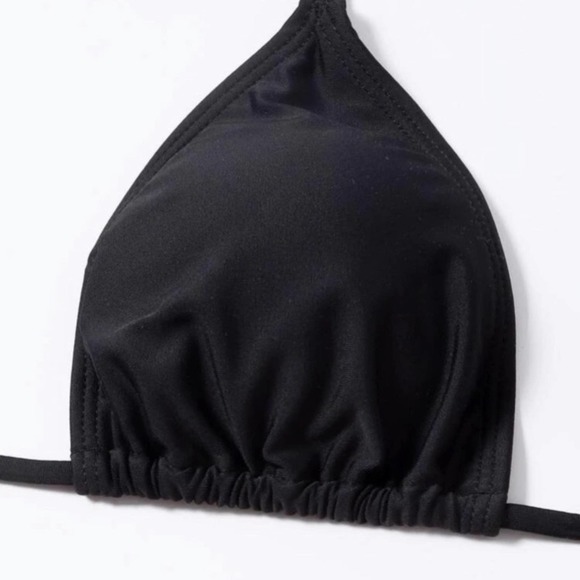 Orange Halter triangle padded black side tie ruched lined thong swimsuit Sz S - Picture 4 of 6